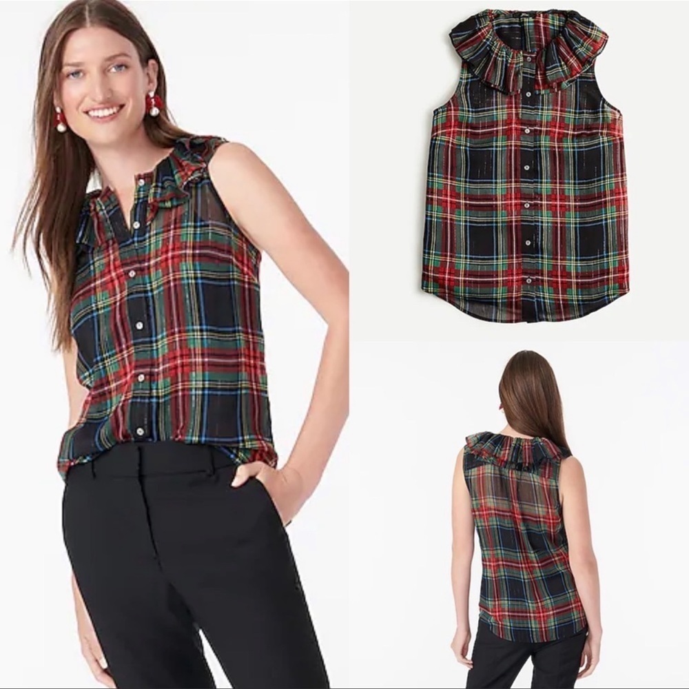 J.crew holiday sleeveless ruffle top Stewart tartan plaid size Small